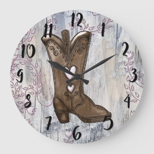 Cute Rustic Pink Cowgirl Heart Boots Farmhouse  Large Clock
