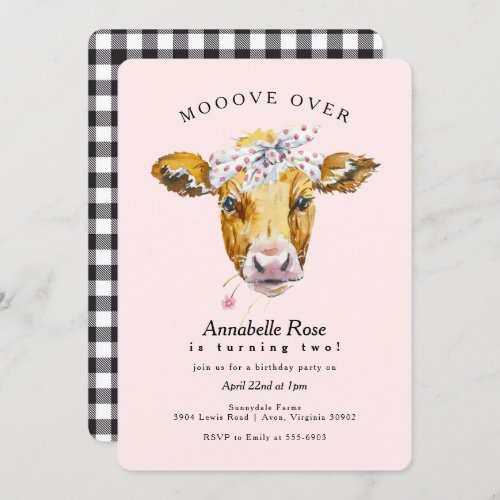 Cute Rustic Pink Farm Girl Cow Birthday Invitation