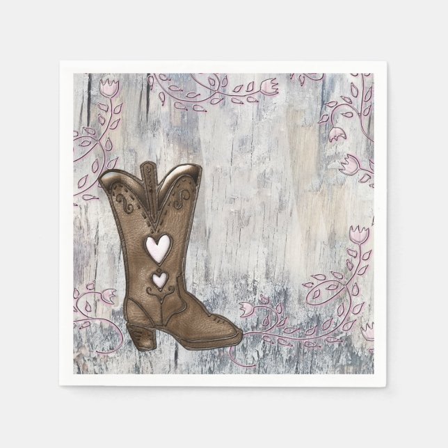 Cute Rustic Pink Heart Cowgirl Boots Bridal Shower Napkins (Front)