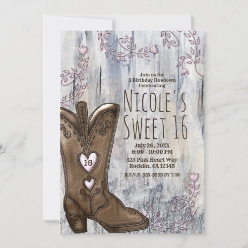 Cute Rustic Pink Heart Cowgirl Boots Sweet 16  Invitation