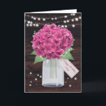 Cute Rustic Pink Hydrangea Mother Birthday Card<br><div class="desc">Sweet rustic pink floral birthday card featuring pink hydrangeas and baby's breath inside a mason jar against a rustic wood background. String lights and twinkle stars add a magical charm to this cute floral design. A floral tag with 'Happy Birthday' custom text on the front and a big floral heart...</div>