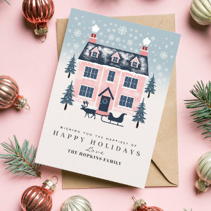 Cute Rustic Pink Pastel House Christmas Card