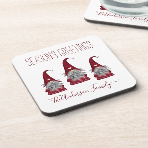 Cute Rustic Plaid Personalized Christmas Gnome Elf Beverage Coaster