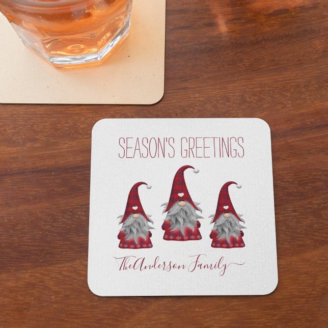 Cute Rustic Plaid Personalized Christmas Gnome Elf Beverage Coaster (Creator Uploaded)