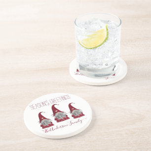 Cute Rustic Plaid Personalized Christmas Gnome Elf Coaster
