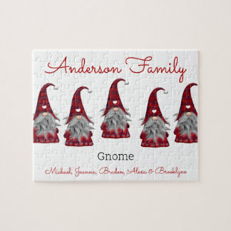 Cute Rustic Plaid Personalized Christmas Gnome Elf Jigsaw Puzzle