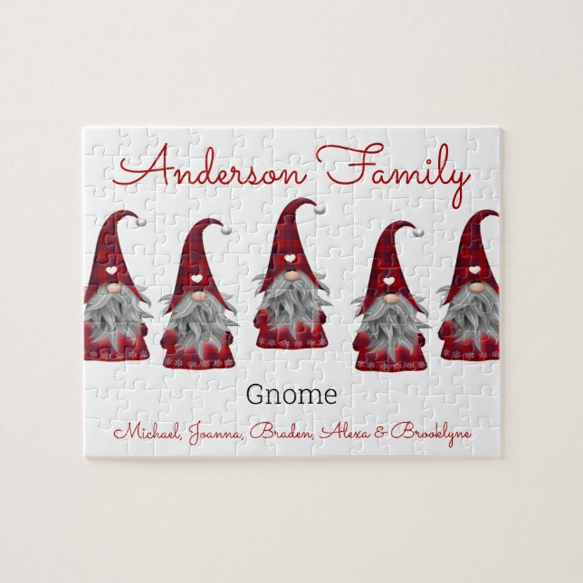 Cute Rustic Plaid Personalized Christmas Gnome Elf Jigsaw Puzzle (Horizontal)