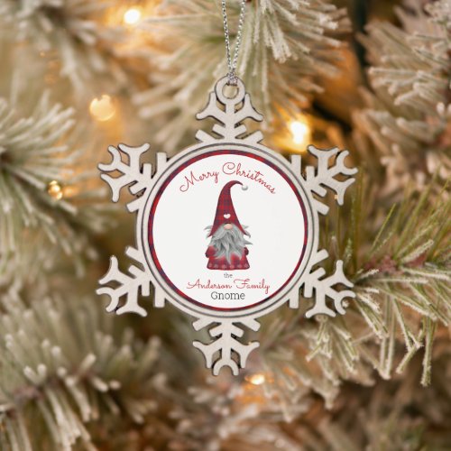 Cute Rustic Plaid Personalized Christmas Gnome Elf Snowflake Pewter Christmas Ornament