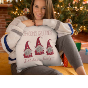 Cute Rustic Plaid Personalized Christmas Gnome Elf Throw Pillow