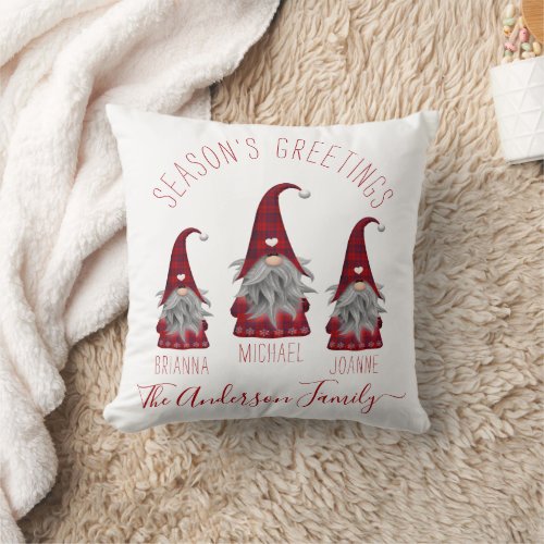 Cute Rustic Plaid Personalized Christmas Gnomes Throw Pillow