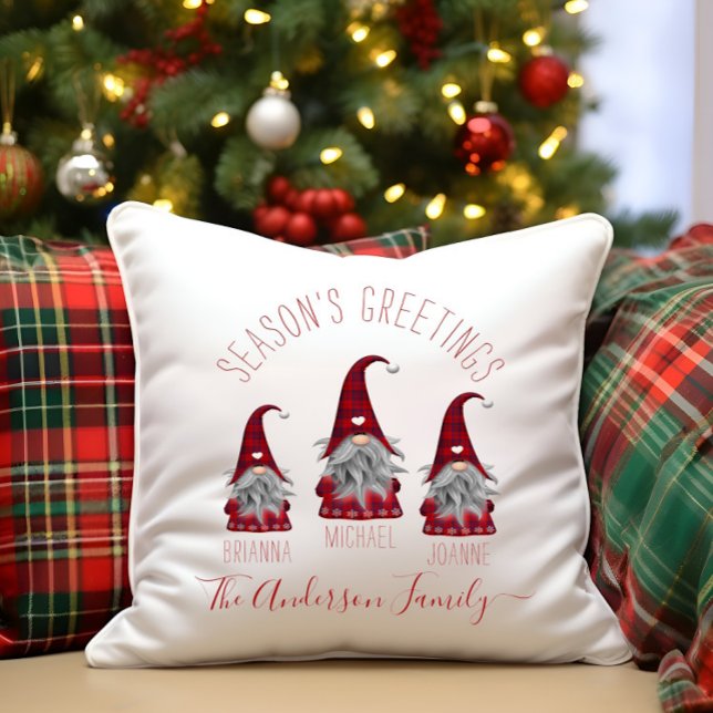 Cute Rustic Plaid Personalized Christmas Gnomes Throw Pillow (Creator Uploaded)