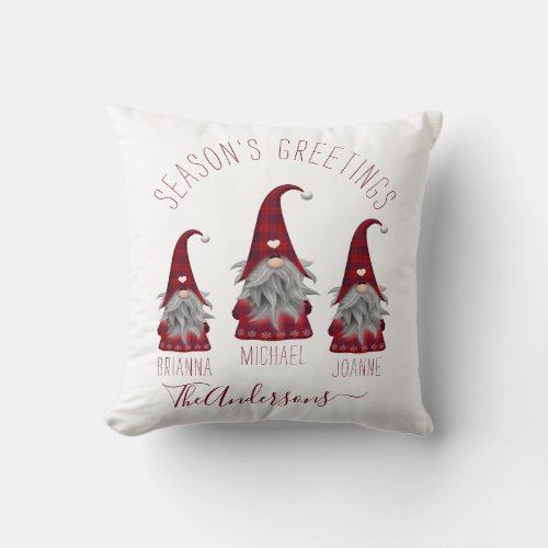 Cute Rustic Plaid Personalized Christmas Gnomes Throw Pillow