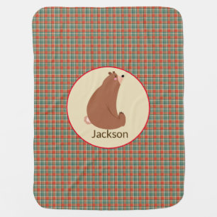 Cute Rustic Plaid Woodland Bear Baby Blanket