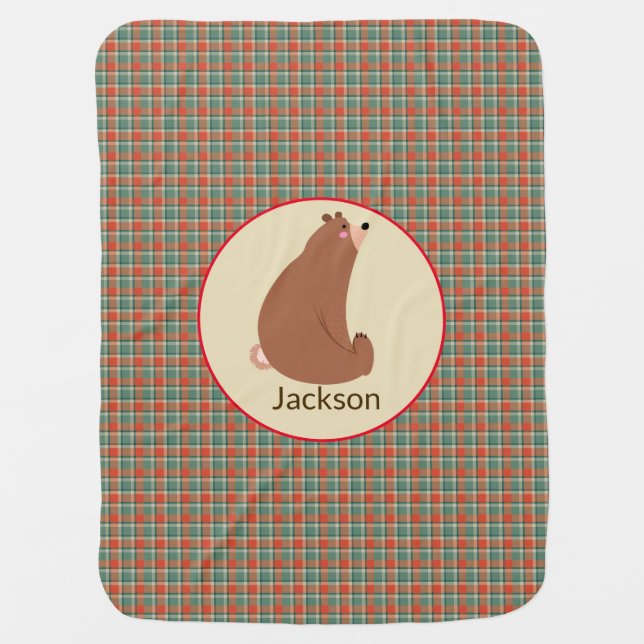 Cute Rustic Plaid Woodland Bear Baby Blanket (Front)