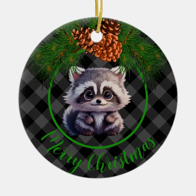 Cute Rustic raccoon black grey plaid pine cone Ceramic Ornament (Front)