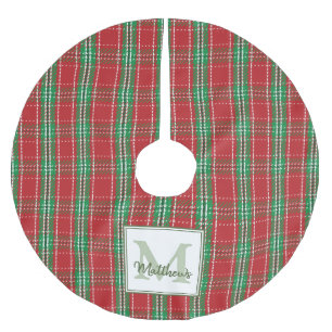 Cute Rustic Red Tartan Plaid Holiday Family Name Brushed Polyester Tree Skirt