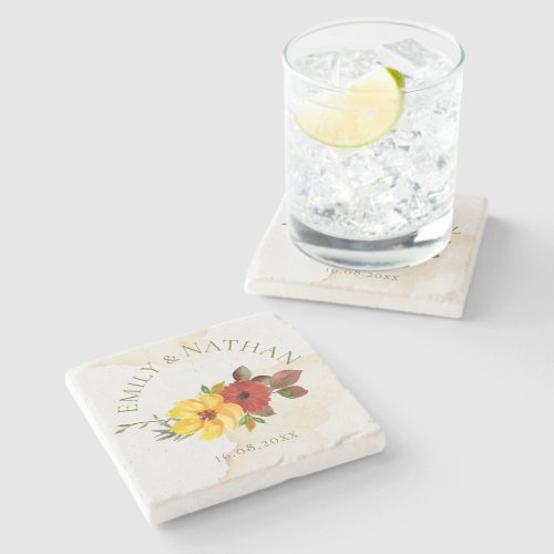 Cute Rustic Red Yellow Watercolor Floral Wedding Stone Coaster