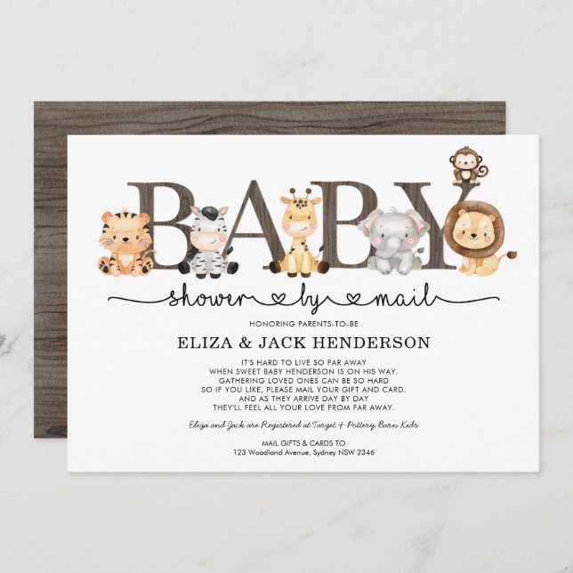 Cute Rustic Safari Animals Baby Shower By Mail Invitation (Front/Back)
