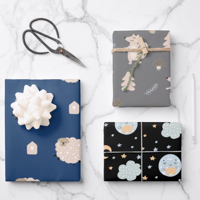 Cute Rustic Scandinavian Sheep Fox Moon Baby Boy Wrapping Paper Sheets (Front)
