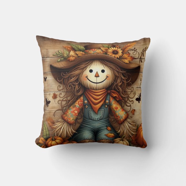 Cute Rustic Scarecrow and Autumn Foliage Throw Pillow (Front)