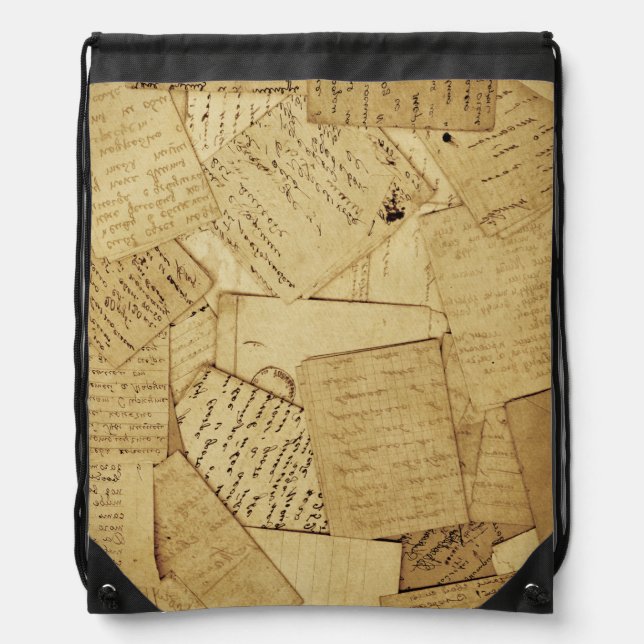Cute Rustic Scattered Papers Pattern Drawstring Bag (Front)