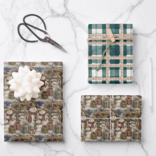 Cute Rustic Snowmen and Plaid Country and Western Wrapping Paper Sheets