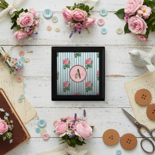 Cute Rustic Stripe Pink Roses Pattern Monogram Gift Box
