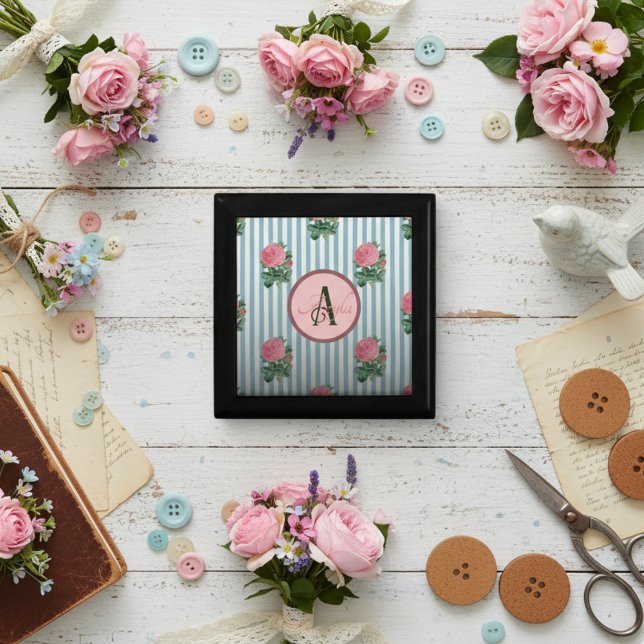 Cute Rustic Stripe Pink Roses Pattern Monogram Gift Box (Creator Uploaded)