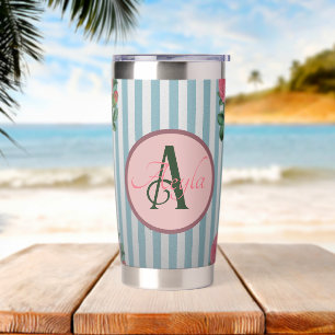 Cute Rustic Stripe Pink Roses Pattern Monogram Insulated Tumbler