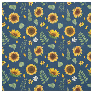 Cute Rustic Sunflower Pattern Blue Background Fabric