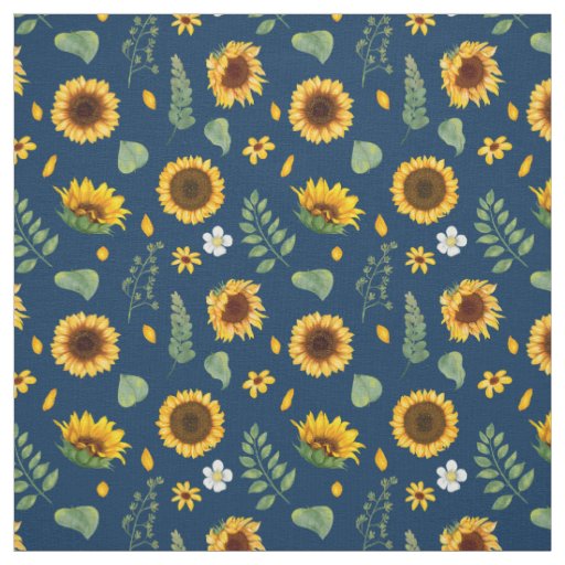 Cute Rustic Sunflower Pattern Blue Background Fabric | Zazzle