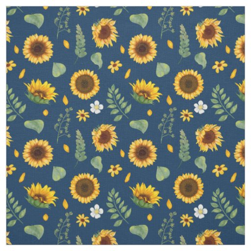 Cute Rustic Sunflower Pattern Blue Background Fabric