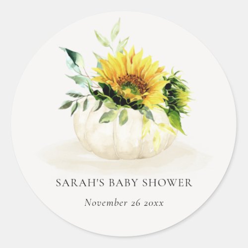 Cute Rustic Sunflower Pumpkin Floral Baby Shower Classic Round Sticker