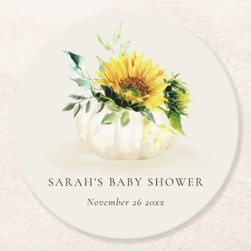 Cute Rustic Sunflower Pumpkin Floral Baby Shower Round Paper Coaster