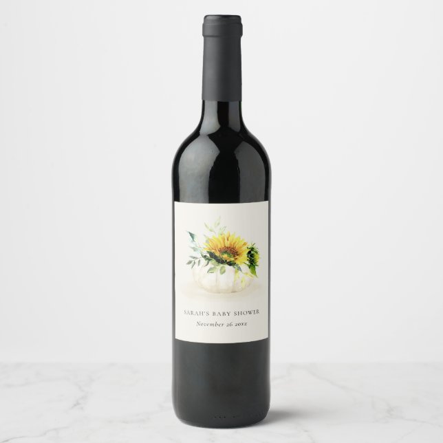 Cute Rustic Sunflower Pumpkin Floral Baby Shower Wine Label (Front)