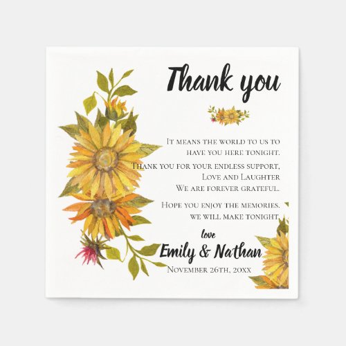 Cute Rustic Sunflower Wedding Thank you Message Napkins