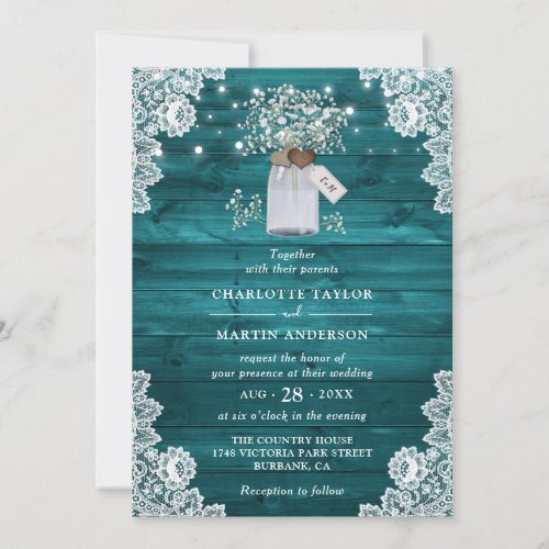 Cute Rustic Teal Wood Floral Mason Jar Wedding Invitation