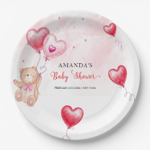 Cute Rustic Teddy Bear Heart Balloon Baby Shower  Paper Plates