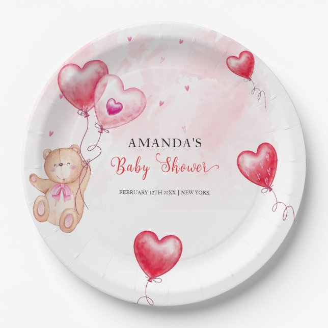 Cute Rustic Teddy Bear Heart Balloon Baby Shower  Paper Plates (Front)