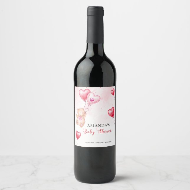 Cute Rustic Teddy Bear Heart Balloon Baby Shower  Wine Label (Front)