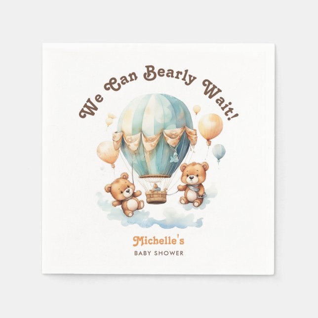 Cute Rustic Twins Baby Shower Bear with Balloons Napkins (Front)