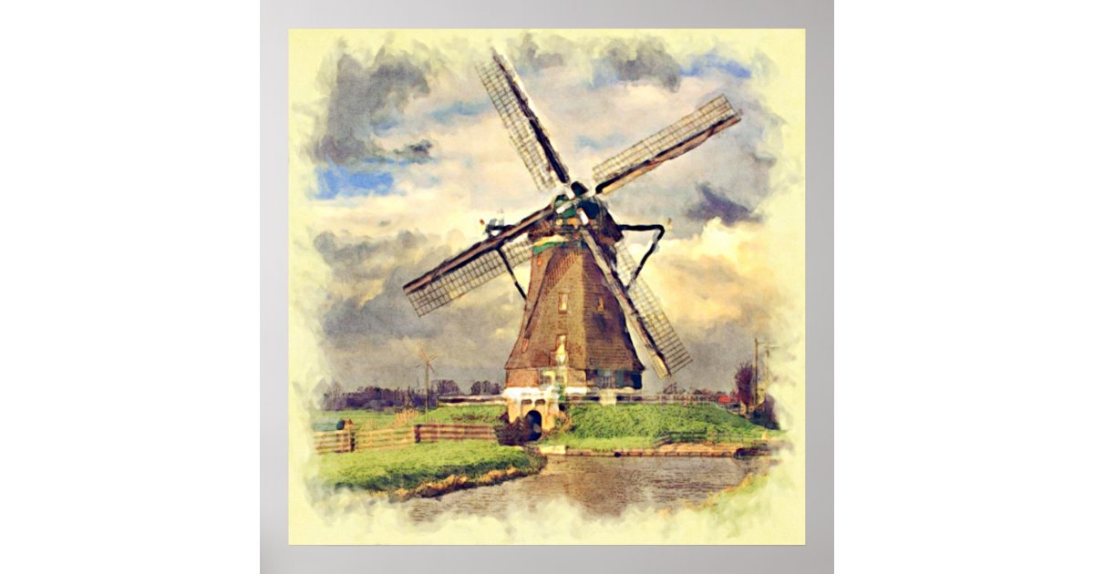 Cute Rustic Vintage Dutch Windmill Watercolor Poster Zazzle Com