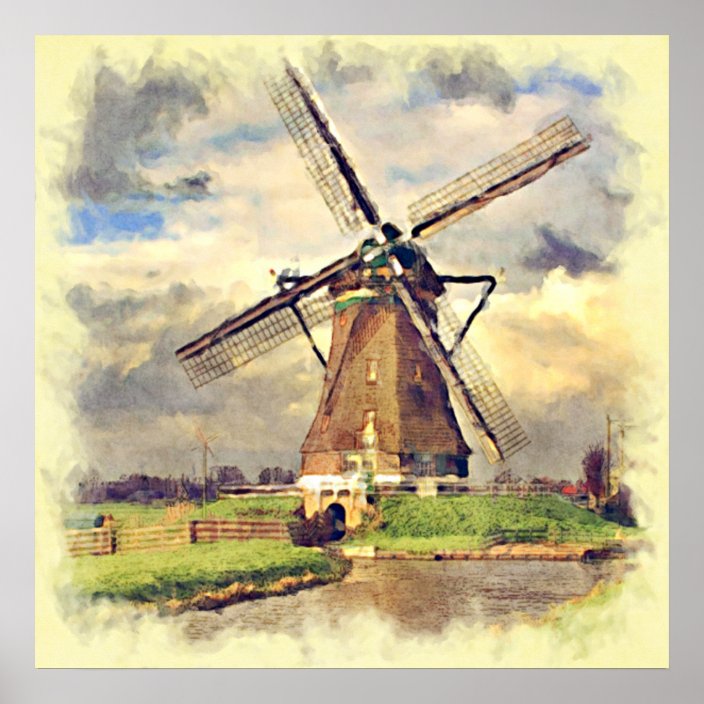 Cute Rustic Vintage Dutch Windmill Watercolor Poster Zazzle Com