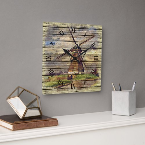Cute Rustic Vintage Dutch Windmill Watercolor Square Wall Clock