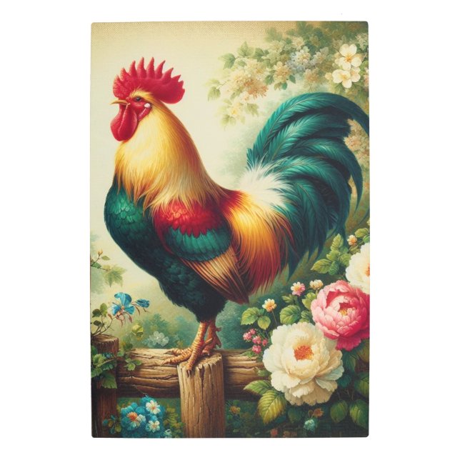 Cute rustic/vintage rooster metal print (Front)