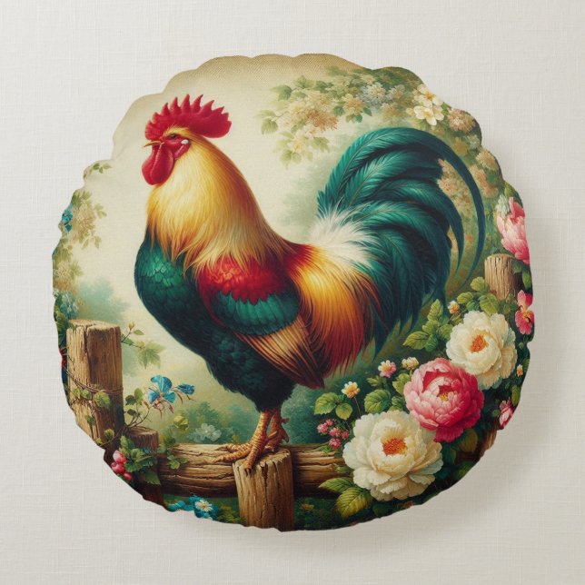 Cute rustic/vintage rooster round pillow (Front)