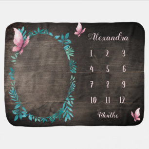 Cute rustic watercolor baby girl milestone baby blanket