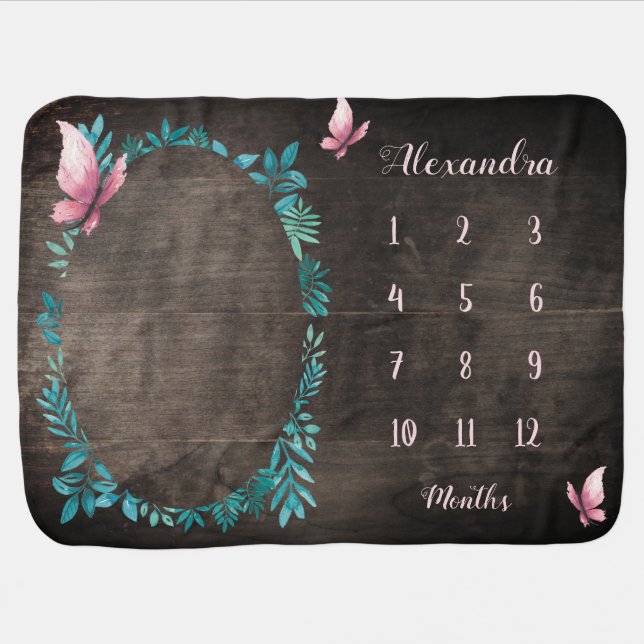 Cute rustic watercolor baby girl milestone baby blanket (Horizontal)