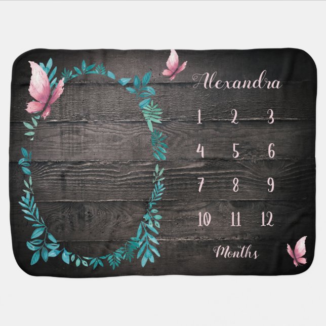 Cute rustic watercolor baby girl milestone blanket (Horizontal)
