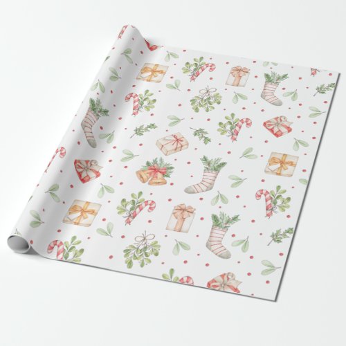 Cute Rustic Watercolor Christmas Pattern Wrapping Paper